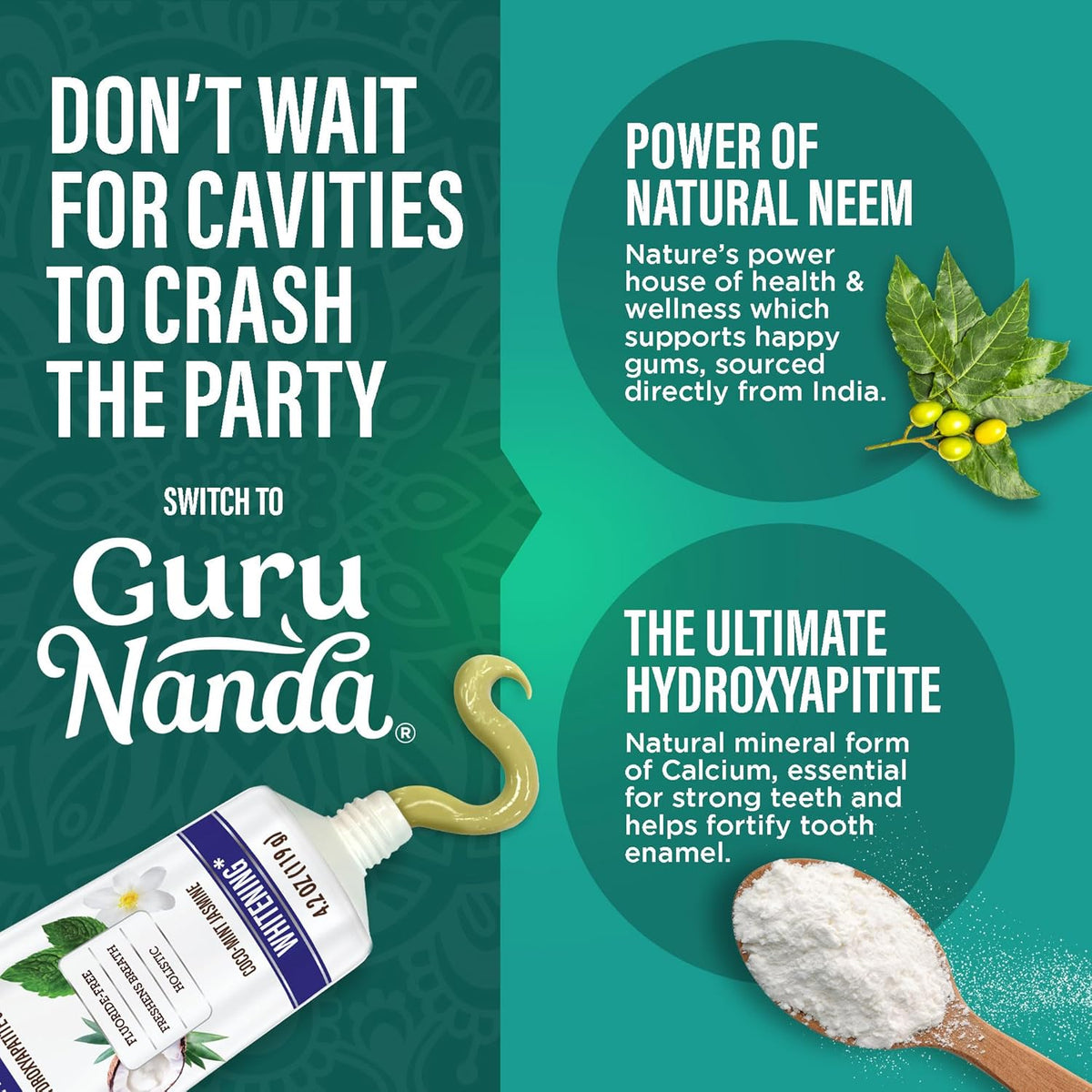 GURUNANDA HYDROXYAPATITE TOOTHPASTE COCOMINT JASMINE NEEM 4.2 OZ