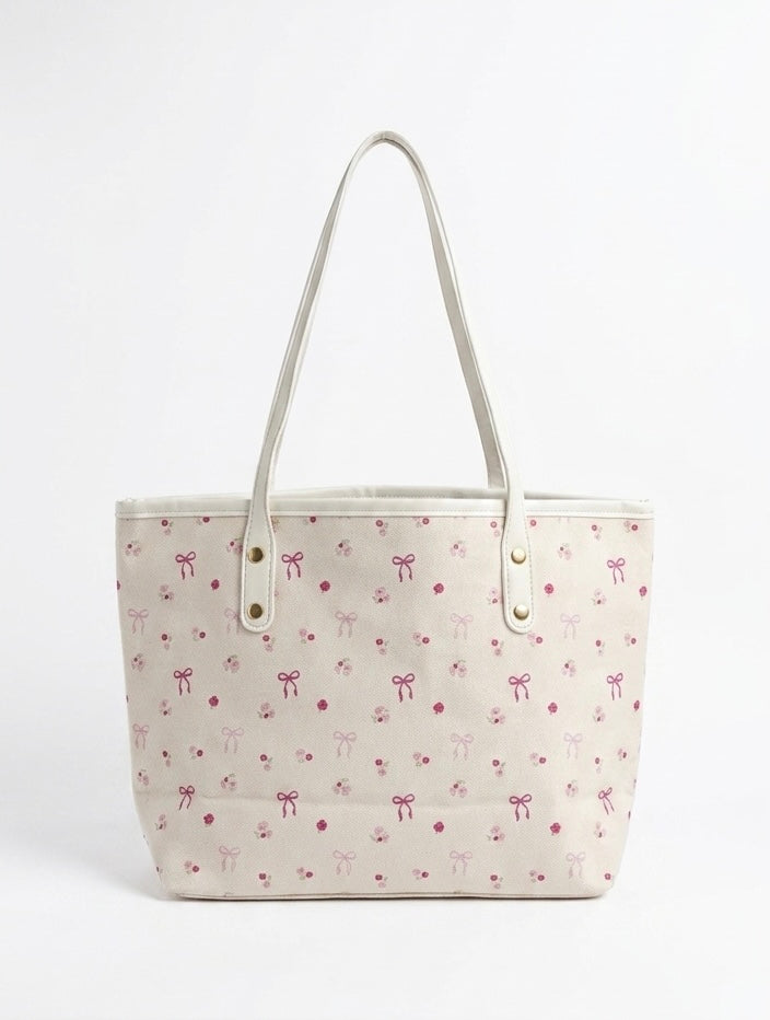FLORAL BOW CANVAS TOTE WHITE MINIMALIST CASUAL HANDBAG