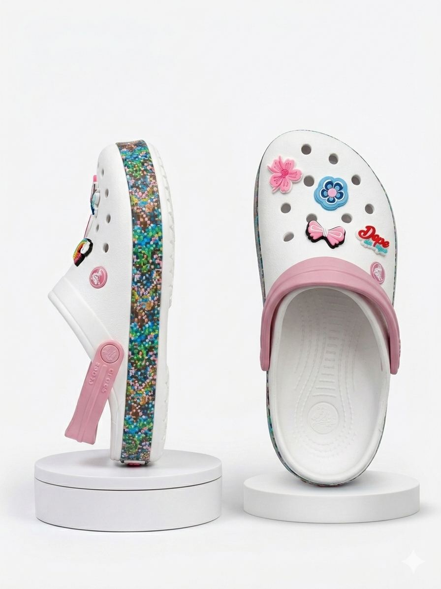White and Pink Crocband Crocs