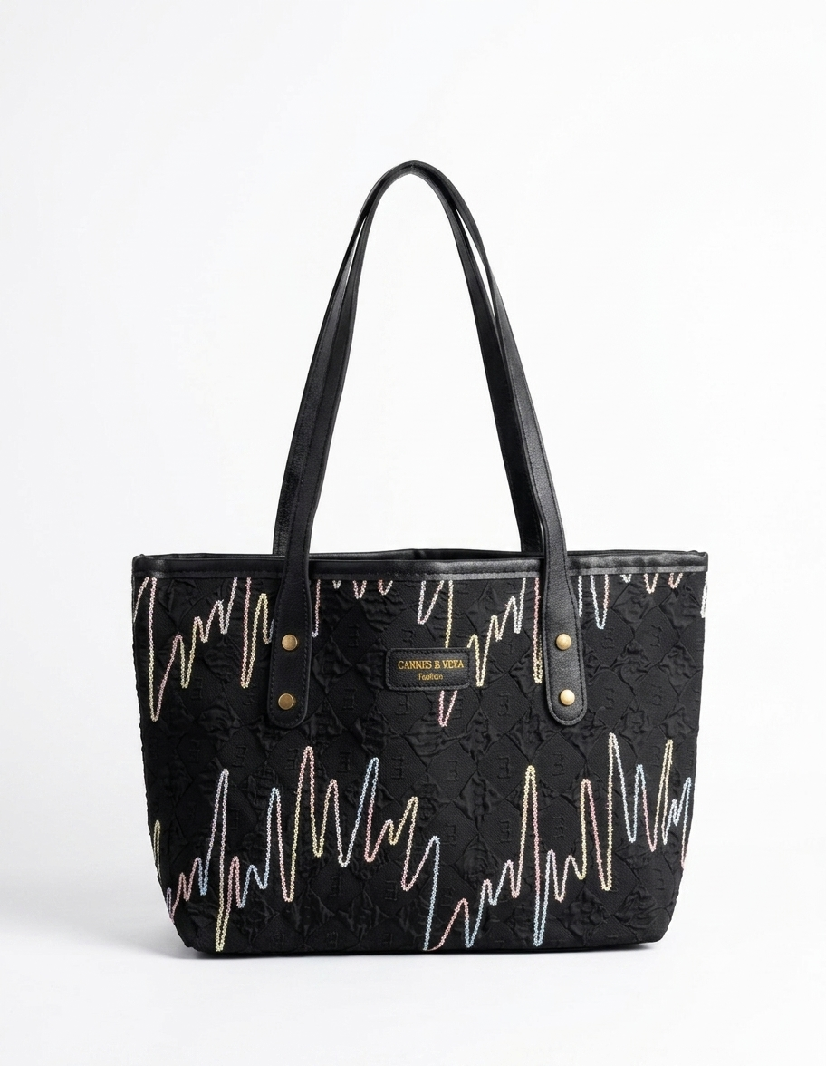 EMBROIDERED ZIGZAG TEXTURED TOTE BLACK SHOULDER BAG