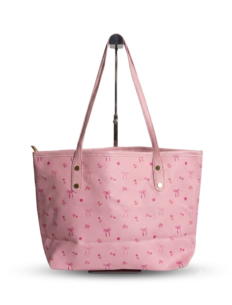 PASTEL PINK BOW PRINT TOTE DURABLE MULTI-PURPOSE SHOULDER BAG