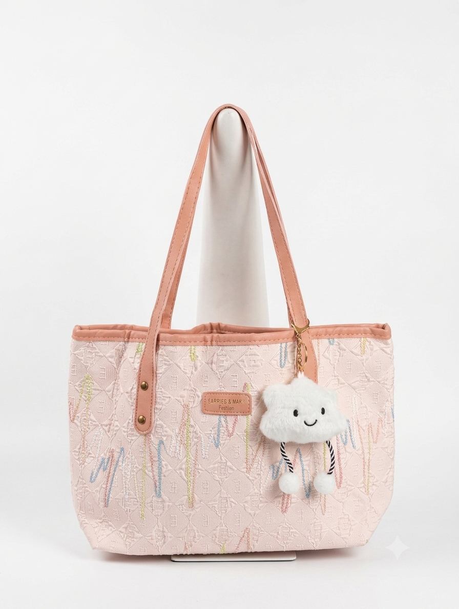 SOFT PINK EMBROIDERED CLOUD TOTE TEXTURED CASUAL SHOULDER BAG