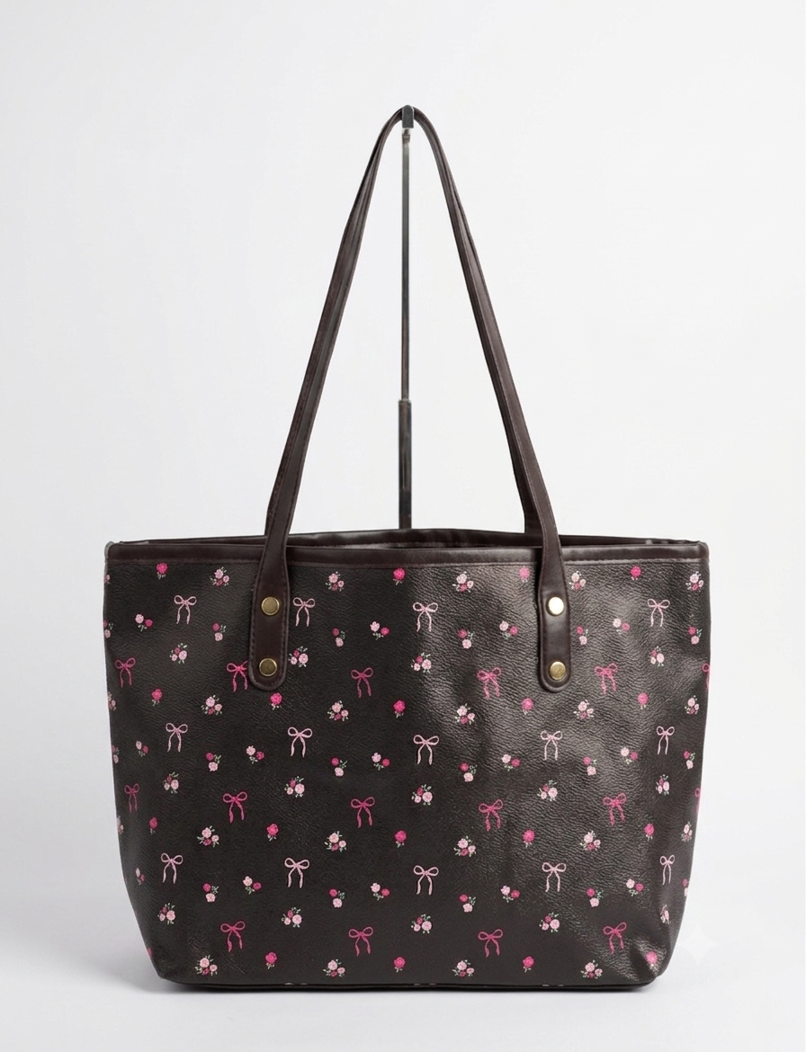 BLACK FLORAL BOW PRINT TOTE LADIES' MINIMALIST SHOULDER BAG