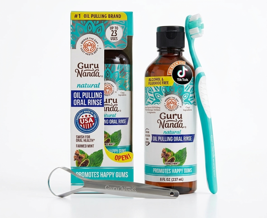 GuruNanda CocoMint Oil Pulling Mouthwash with Toothbrush & Tongue Scraper | 8 oz