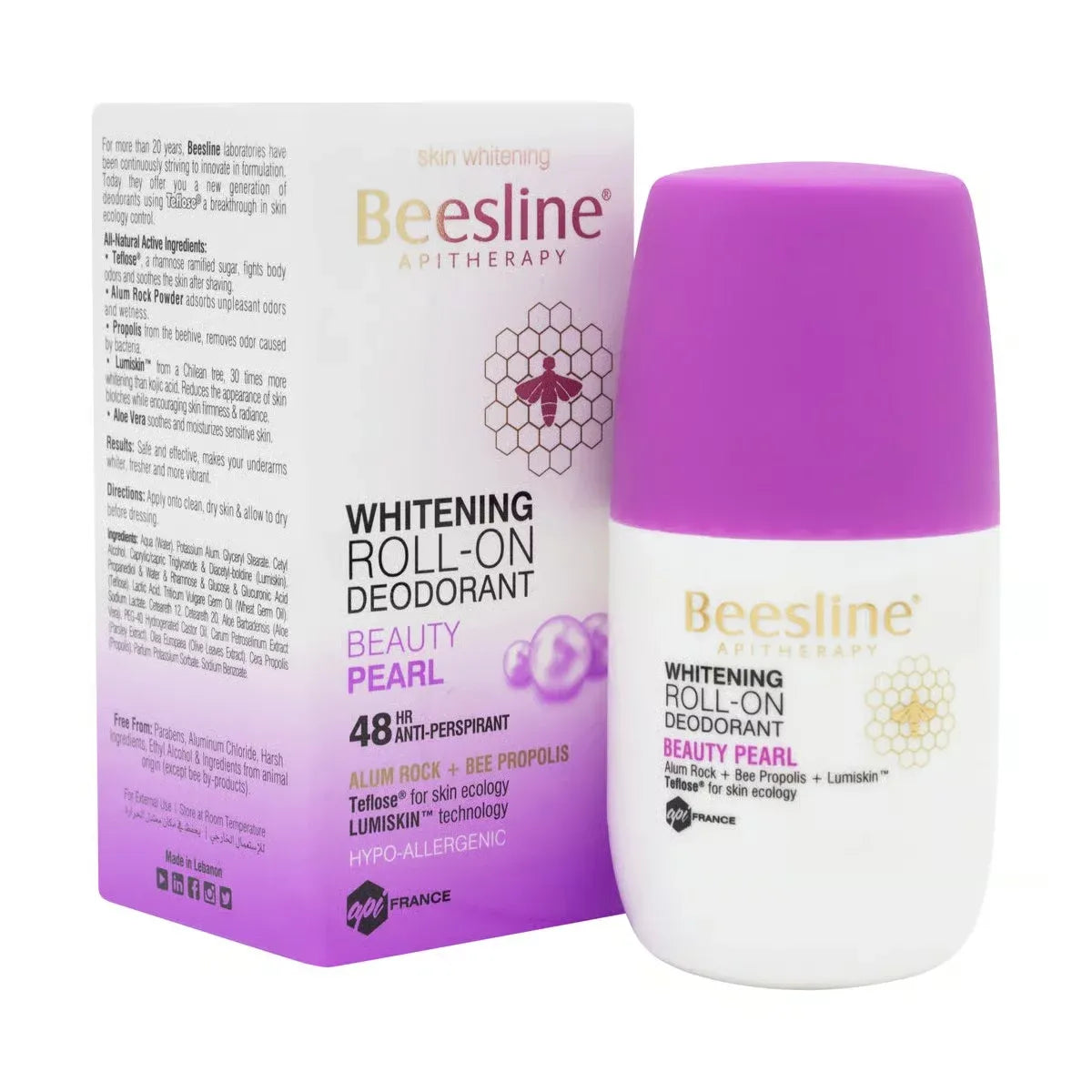 BEESLINE APITHERAPY Whitening ROLL-ON DEODORANT (BEAUTY PEARL) 48hr Anti-Perspirant 50ml
